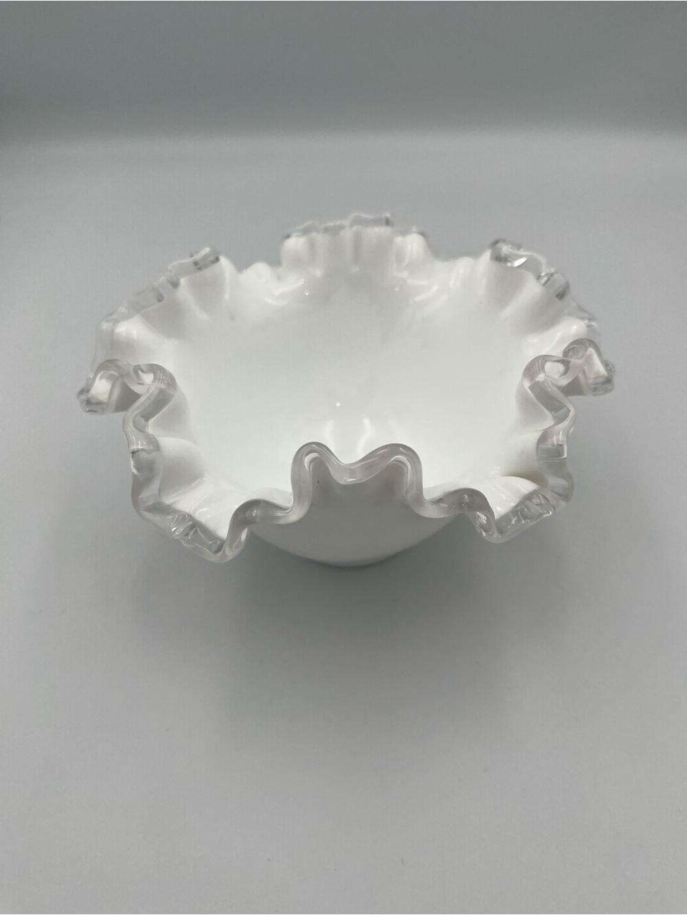 Vtg Fenton Milk Glass White Silver Crest Ruffled Edge Candy Dish Approx 6 1/2 “